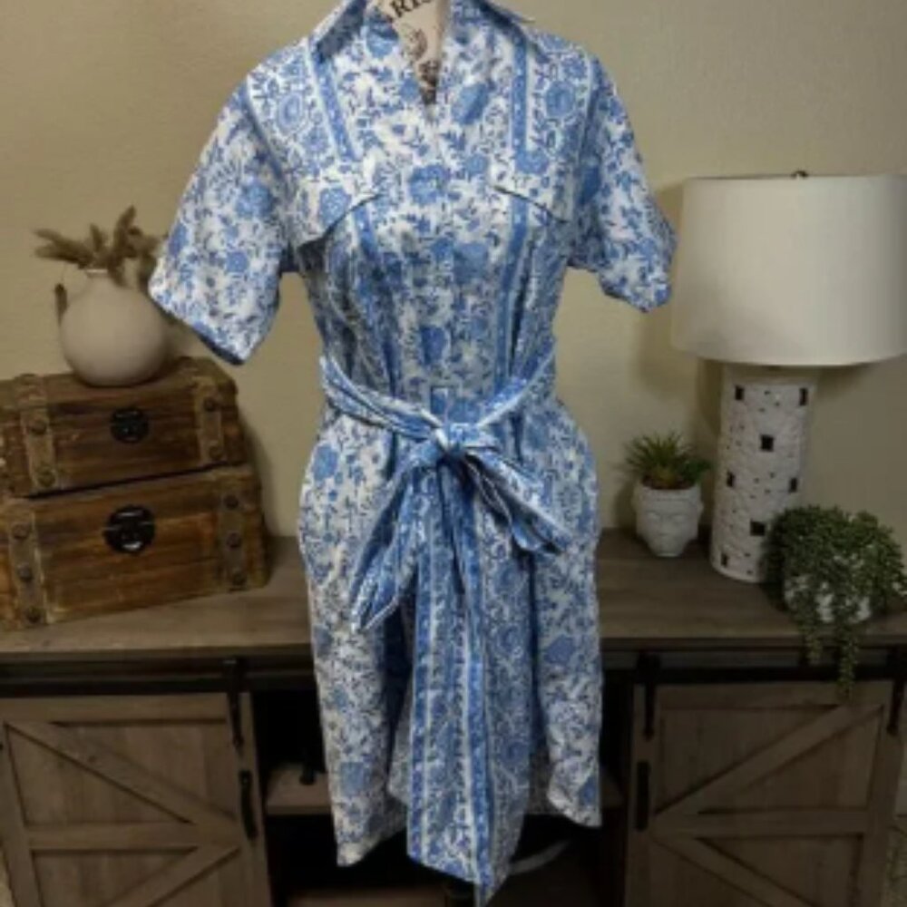 Sue Sartor Floral Mini Shirt Dress Sz S Resort Casual Tie Waist Button Front
